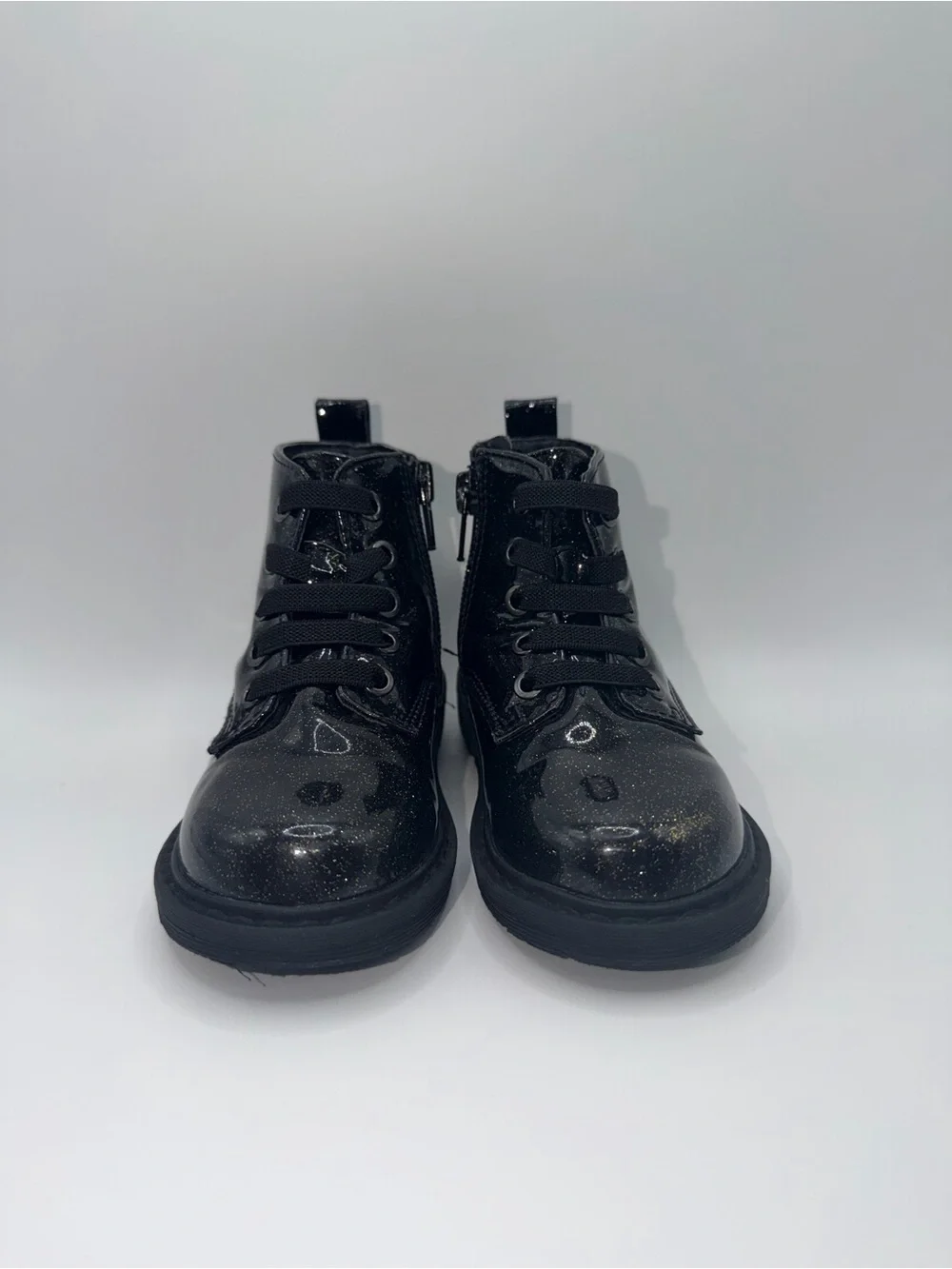 Kids Glittery Black Lace-Up Ankle Boots with Side Zip